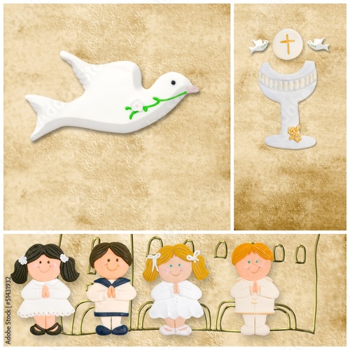 Illustration: tarjeta primera comunion, niños caliz y paloma tarjeta primera comunion, niños caliz y paloma