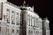 Facade of grandiose and majestic Royal Palace at night in Madrid