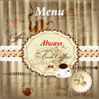 Elegant menu design with coffee elements on wood texture in vint