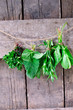 Mint, sage, tarragon and spinach on a wooden background