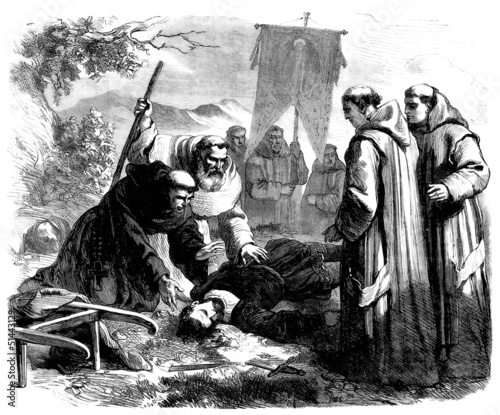 Illustration: Monks : finding a Dead Man - 16th century Monks : finding a Dead Man - 16th century