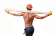 Muscular young workert with the board on a white background.