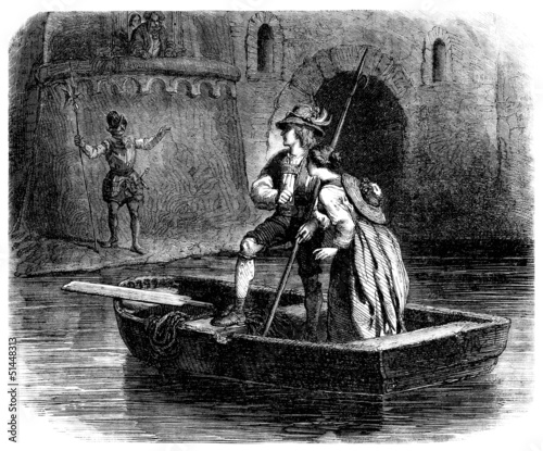 Illustration: Pair escaping in a Boat - Évasion - 16th century Pair escaping in a Boat - Évasion - 16th century