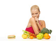 doubting woman with fruits and hamburger