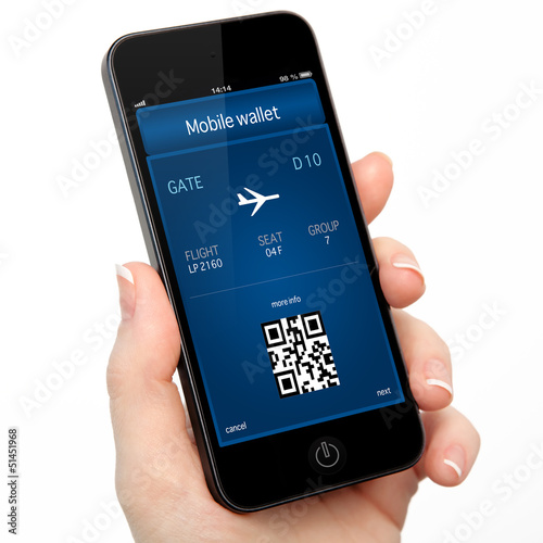 Photo: isolated woman hand holding the phone with a mobile wallet and p isolated woman hand holding the phone with a mobile wallet and p