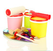 Set for painting: paint pots, brushes, paint-roller, palette of