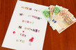 Letter to requirements of kidnapper on wooden table close-up