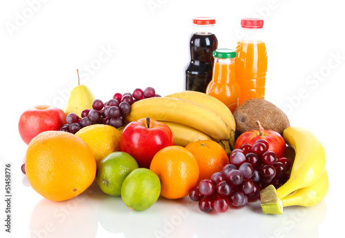 Photo: Different fruits and juice isolated on white Different fruits and juice isolated on white