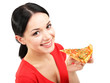 Foto: Beautiful girl eats pizza close-up isolated on white Beautiful girl eats pizza close-up isolated on white