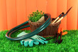 Garden tools on grass in yard