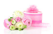 Ranunculus (persian buttercups) and gift, isolated on white