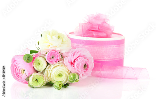Photo: Ranunculus (persian buttercups) and gift, isolated on white Ranunculus (persian buttercups) and gift, isolated on white