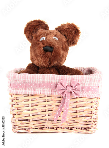 Photo: Beautiful basket with toy bear isolated on white Beautiful basket with toy bear isolated on white
