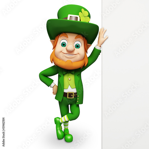 Illustration: Leprechaun for st patrick's day standing near big white sign Leprechaun for st patrick's day standing near big white sign