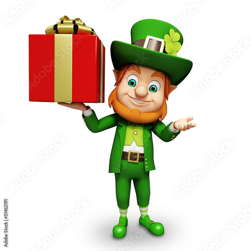 Illustration: Leprechaun for st patrick's day holding red colored gift box Leprechaun for st patrick's day holding red colored gift box