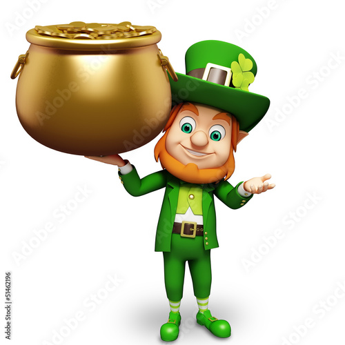 Illustration: Leprechaun for st patrick's day holding big golden pot Leprechaun for st patrick's day holding big golden pot