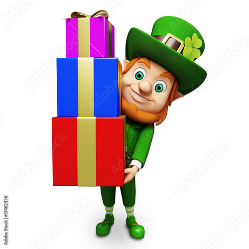 Illustration: Leprechaun for st patrick's day with pile of gifts Leprechaun for st patrick's day with pile of gifts