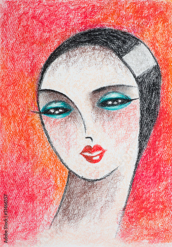 Illustration: pencil portrait of woman with red background pencil portrait of woman with red background
