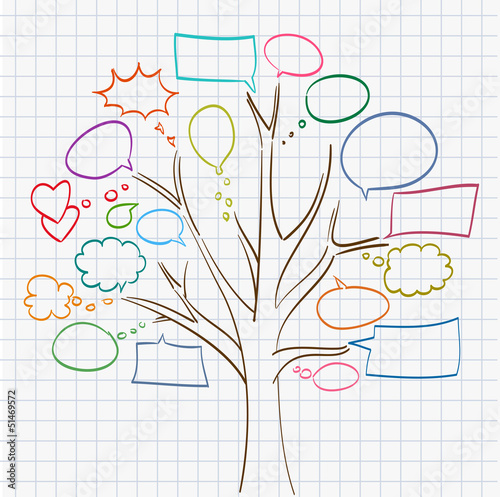 Vector: tree with speech bubbles on notepad sheet tree with speech bubbles on notepad sheet