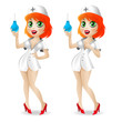 Nurse holds in hand enema and smiles