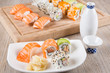 Variation of fresh tasty sushi rolls