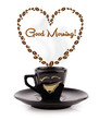 Coffee mug with coffee beans shaped heart with good morning sign