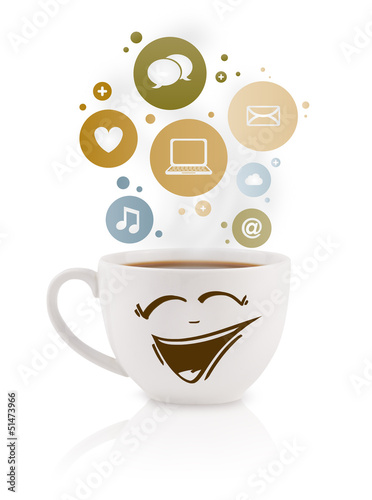 Photo: Coffee cup with social and media icons in colorful bubbles Coffee cup with social and media icons in colorful bubbles