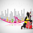 Woman with Guitar on Musical Background