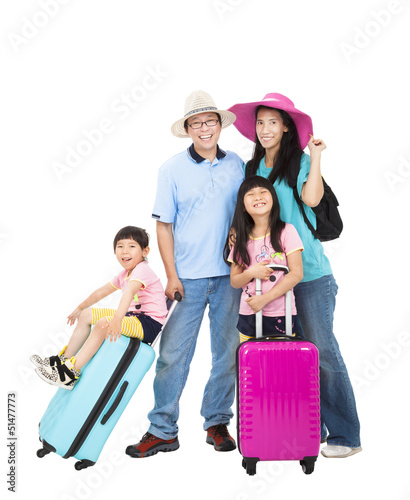 Photo: happy family with suitcase take summer vacation happy family with suitcase take summer vacation