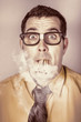 Smoking nerd businessman under work stress