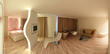 Foto: Komplettes Hotelzimmer Bett Schreibtisch und Sitzecke Panorama Komplettes Hotelzimmer Bett Schreibtisch und Sitzecke Panorama