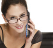 Photo: woman wearing glasses friendly talking phone woman wearing glasses friendly talking phone