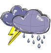 Two clouds with lightnings and rain drops