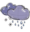 Two clouds with snowflakes and rain drops