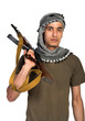 Terrorist with automatic gun and  on white background