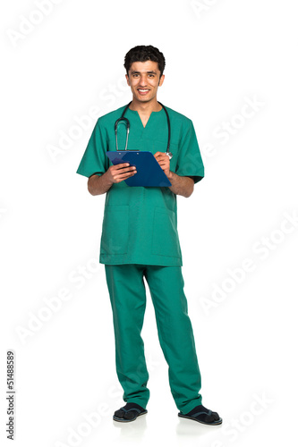 Photo: Portrait of doctor with health record on white background Portrait of doctor with health record on white background