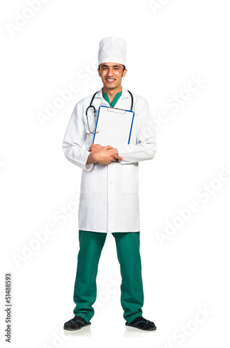 Photo: Portrait of doctor with health record on white background Portrait of doctor with health record on white background