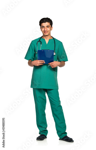 Photo: Portrait of doctor with health record on white background Portrait of doctor with health record on white background