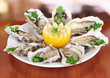 Oysters on table in cafe