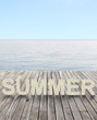 Photo: the word summer made of frangipani on wooden floor and blue sea the word summer made of frangipani on wooden floor and blue sea