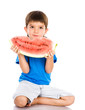  boy eats a water-melon. isolated on white 