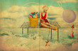 art collage with beautiful woman, retro style
