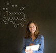 Woman with American football strategy on blackboard