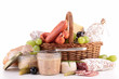 wicker basket with sausage,ham, pate