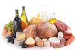 composition with wine,cheese,bread,meat