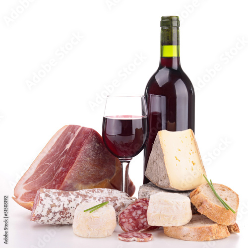 Photo: meat,cheese and wine isolated meat,cheese and wine isolated