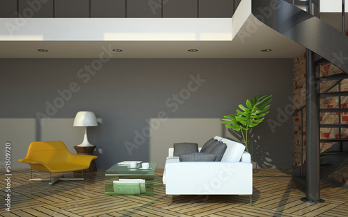 Illustration: Modern loft interior with part of second floor Modern loft interior with part of second floor