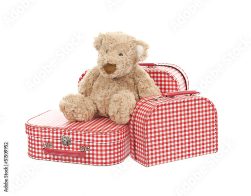 Photo: three vintage red and white suitcases with teddy bear three vintage red and white suitcases with teddy bear