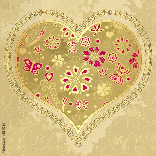 Vector: Old grunge paper with gold heart Old grunge paper with gold heart