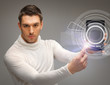 man with virtual tablet pc